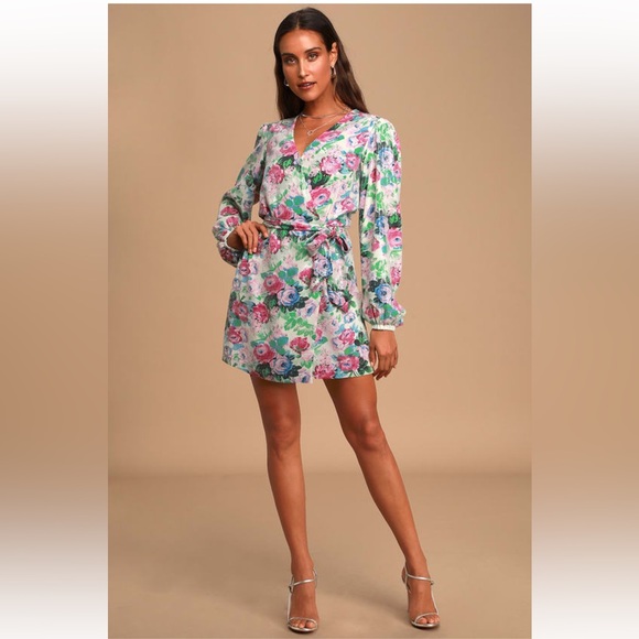 WAYF Loretta White Sequin Floral Print Long Sleeve Wrap Dress - Picture 3 of 11